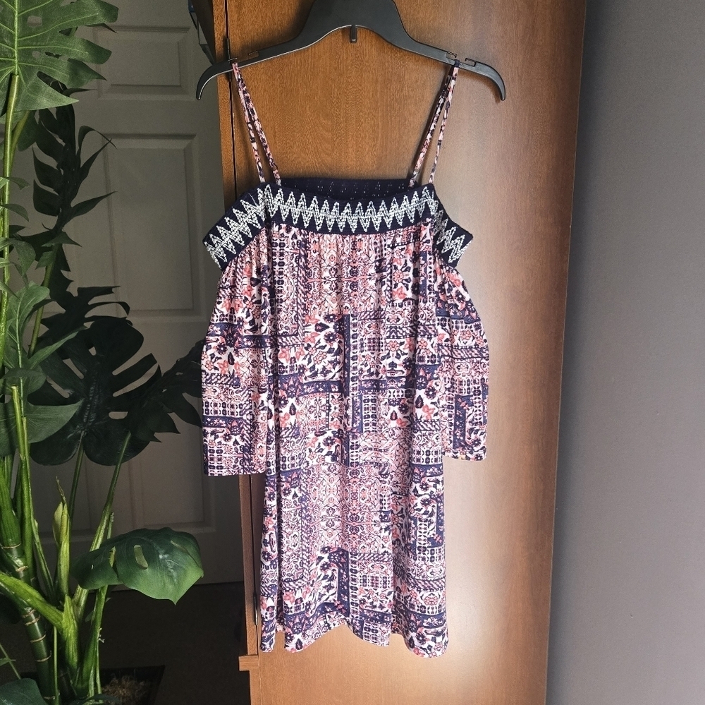Trixxi Red and Blue Off-Shoulder Summer Pattern Mini Dress Xs